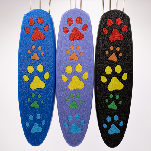 Proud Paws Cordsmiths. All designs have a rainbow of paw prints going down the handle vertically. The Original handle is blue, the Mini is purple, and the XL is black. Tailor and Fine Tailor colors will be one of these.