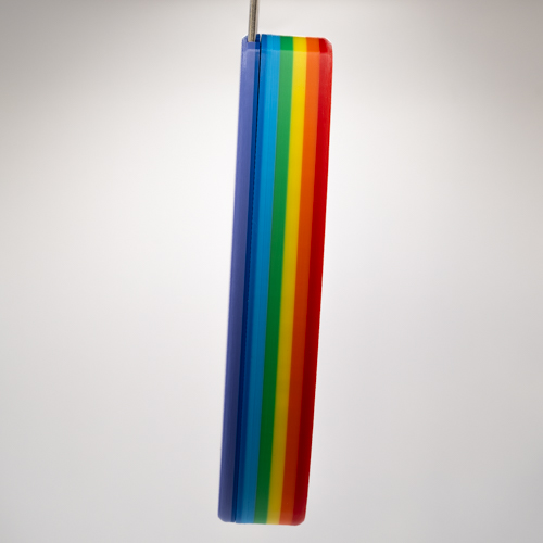 Rainbow Cordsmith featuring red, orange, yellow, green, blue* and purple stripes. Due to the difference sizes of Cordsmith we have available, the shade(s) of blue may vary between designs.