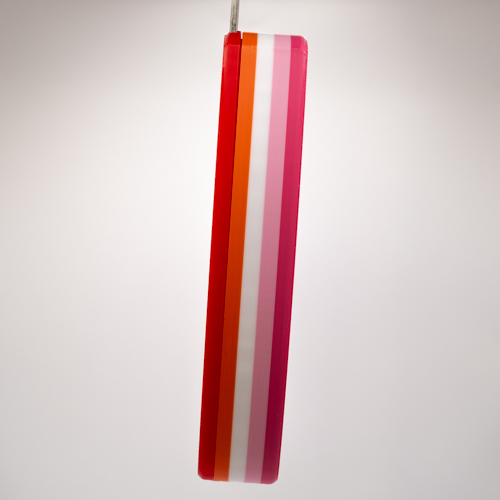 Lesbian Cordsmith featuring red, orange, white, soft pink and bright pink stripes.